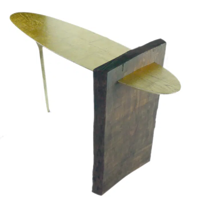 Accident, console table by Julien Hardy. Ash, Oak, copper leaf.