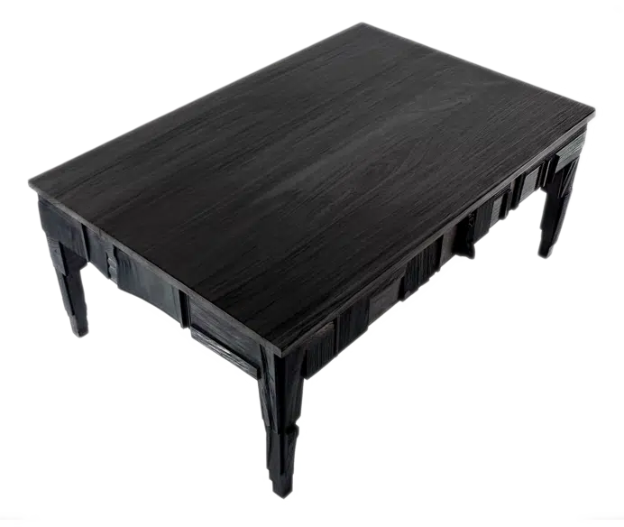 Table Kofi par Julien Hardy. Iroko, noyer, chêne, merisier, encre / Kofi table by Julien Hardy. Iroko, Walnut, Oak, Wild Cherry, ink / 110 x 73.3 x 45 cm