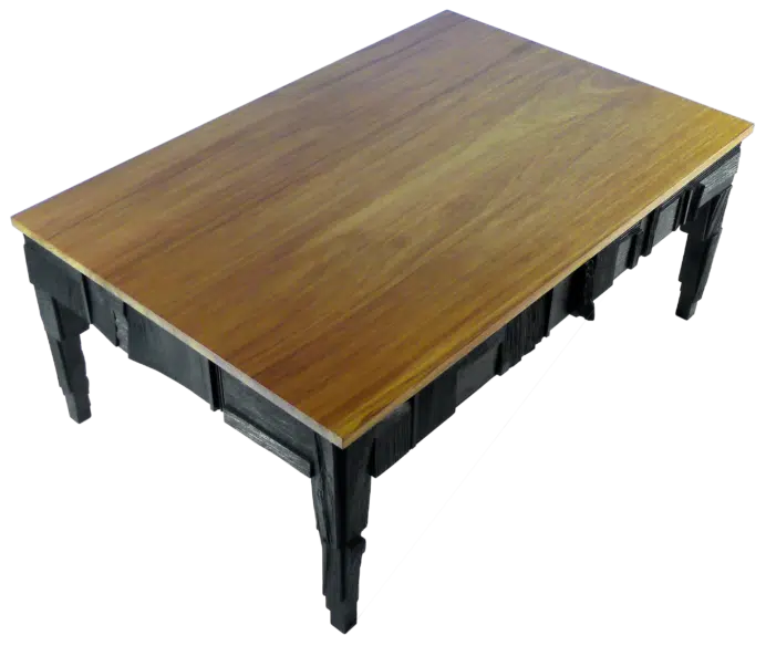 Table Kofi par Julien Hardy. Iroko, noyer, chêne, merisier, encre / Kofi table by Julien Hardy. Iroko, Walnut, Oak, Wild Cherry, ink / 110 x 73.3 x 45 cm